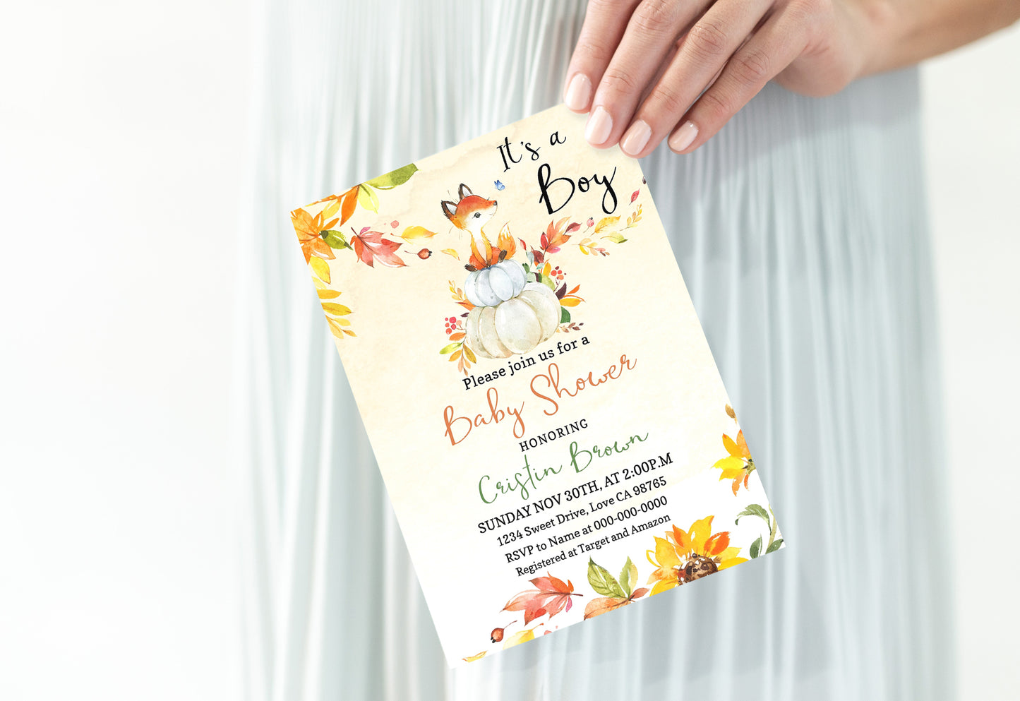 Editable It's a Boy Pumpkin Invitation | Fall Fox Baby Shower - 30F2