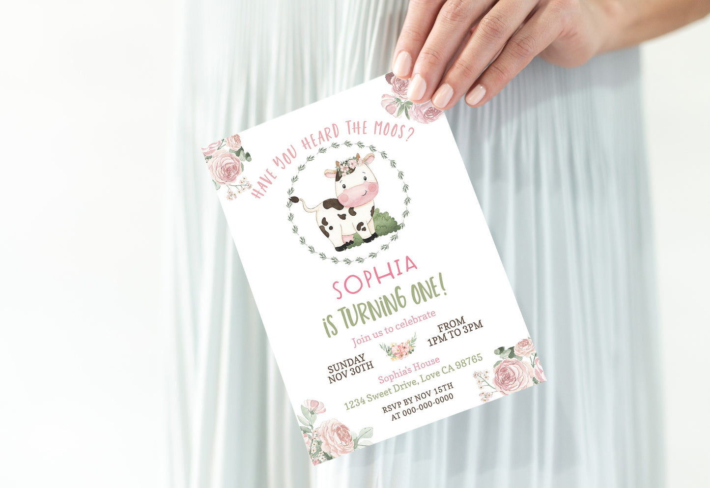 Girl Cow First Birthday Invitation | Editable Floral Farm Party Invite - 11A