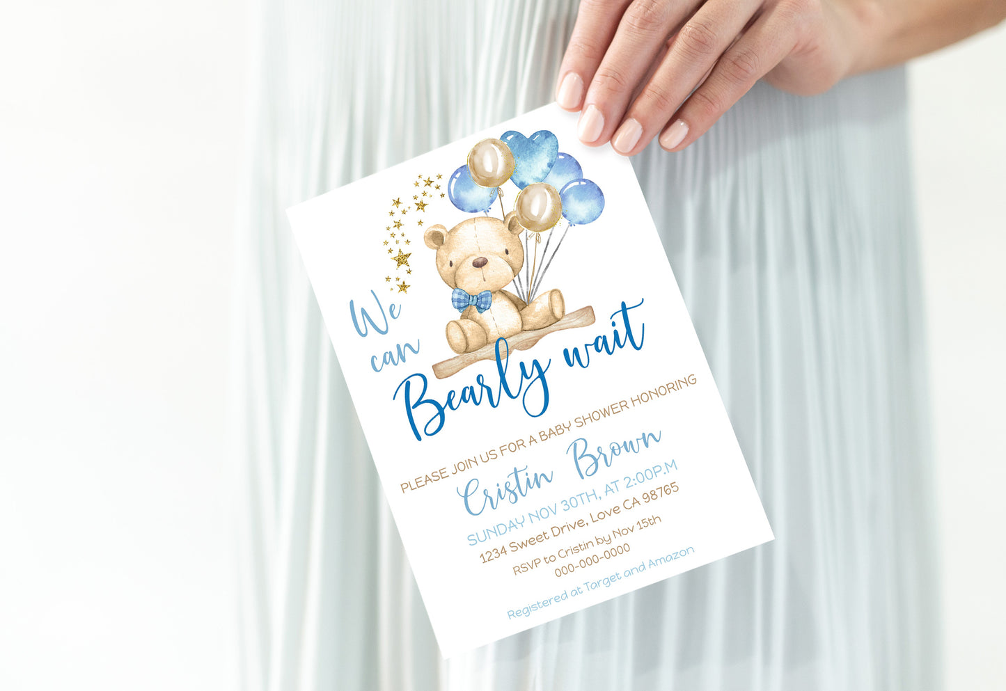 Gold and Blue Teddy Bear Baby Shower Invitation - 76A