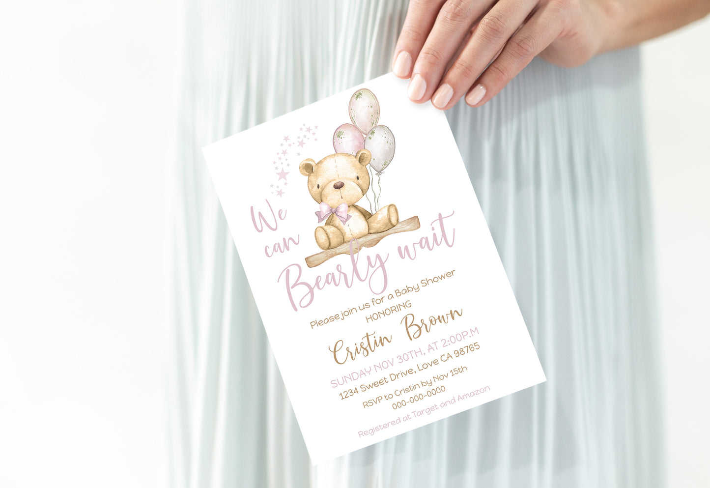 Pink Teddy Bear baby shower invitation | Editable Girl Baby Shower Invite - 76A