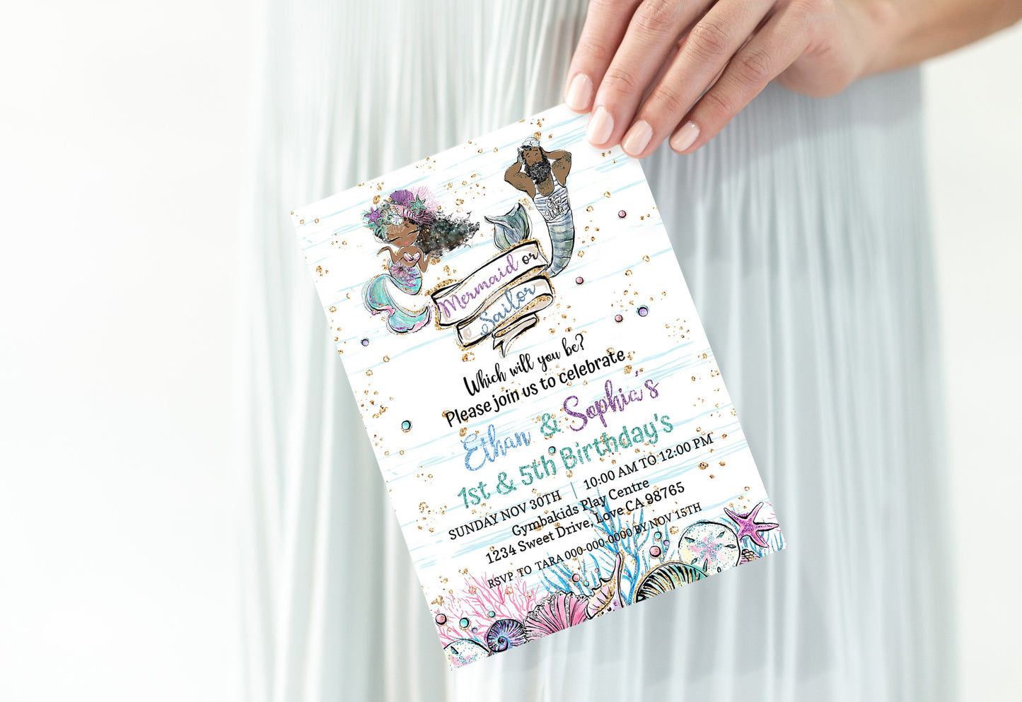 Mermaid or Sailor Party Invitation | EDITABLE Twins Birthday Invite - 20C1