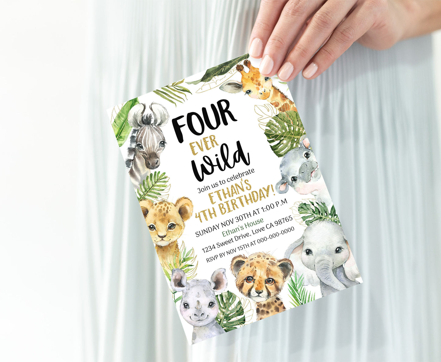 Four Ever Wild Safari Invitation | Editable Jungle 4th Birthday Invite - 35A