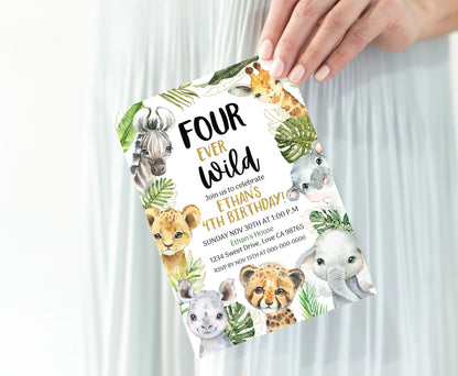 Four Ever Wild Safari Invitation | Editable Jungle 4th Birthday Invite - 35A