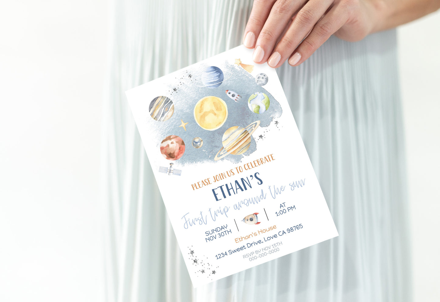 Outer Space First Birthday Invitation | Galaxy Birthday Party Invite - 39B