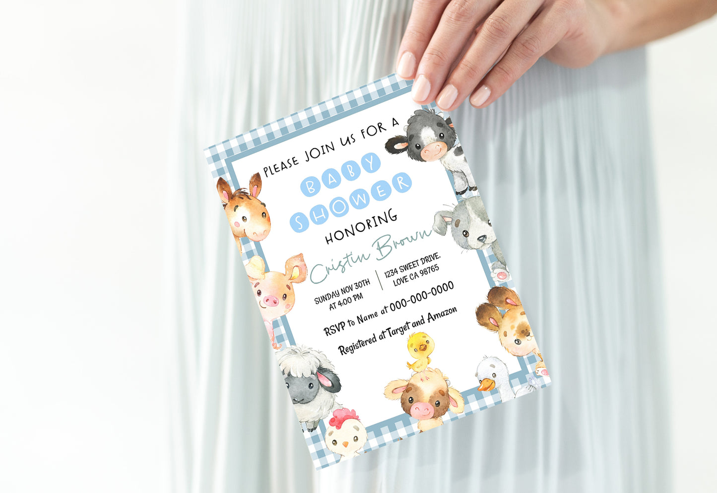 Blue Gingham Farm Editable Baby Shower Invitation | Farm Theme - 11C2