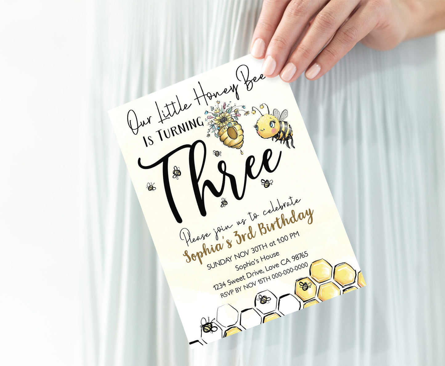 Our Little Honey Bee is Turning Three | Bee 3rd Birthday Party Invite - 61A