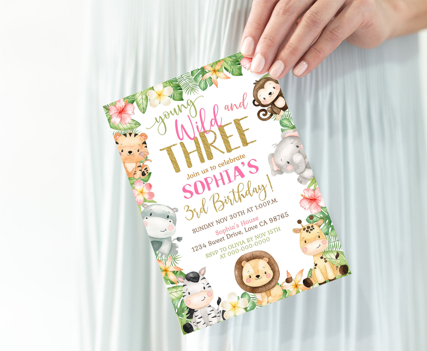 Young Wild and Three Invitation | Editable Girl Safari Birthday Party Invite - 35E