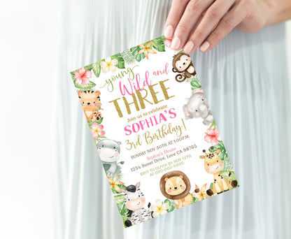 Young Wild and Three Invitation | Editable Girl Safari Birthday Party Invite - 35E