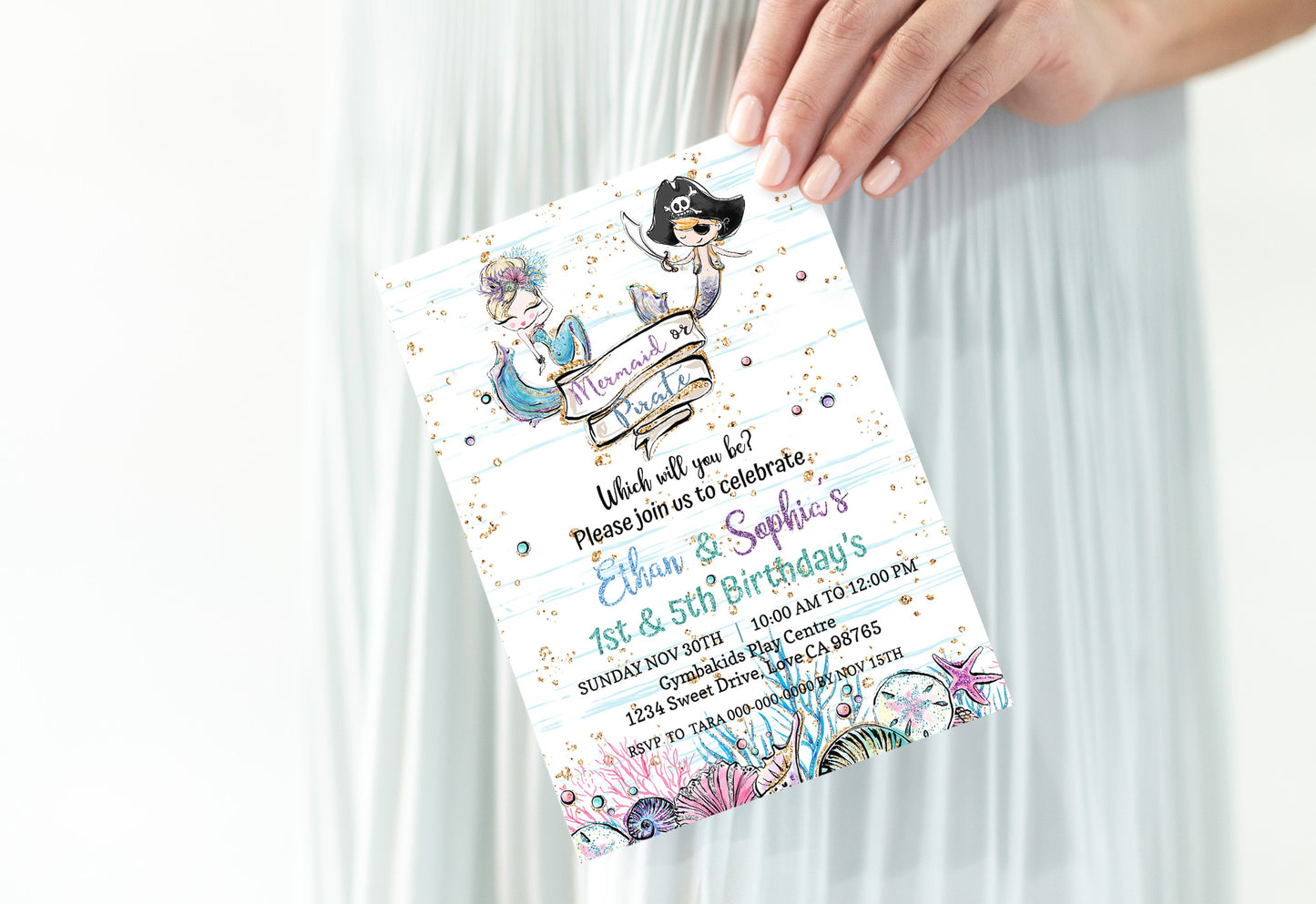 Mermaid and Pirate Party Invitation | EDITABLE Twins Birthday Invite - 20A1