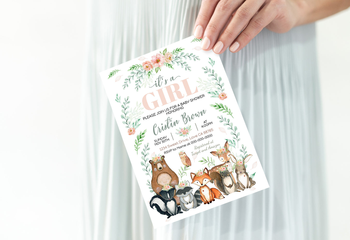 It's a girl Baby Shower Invitation| Woodland Animals Baby Shower Invite - 47J3