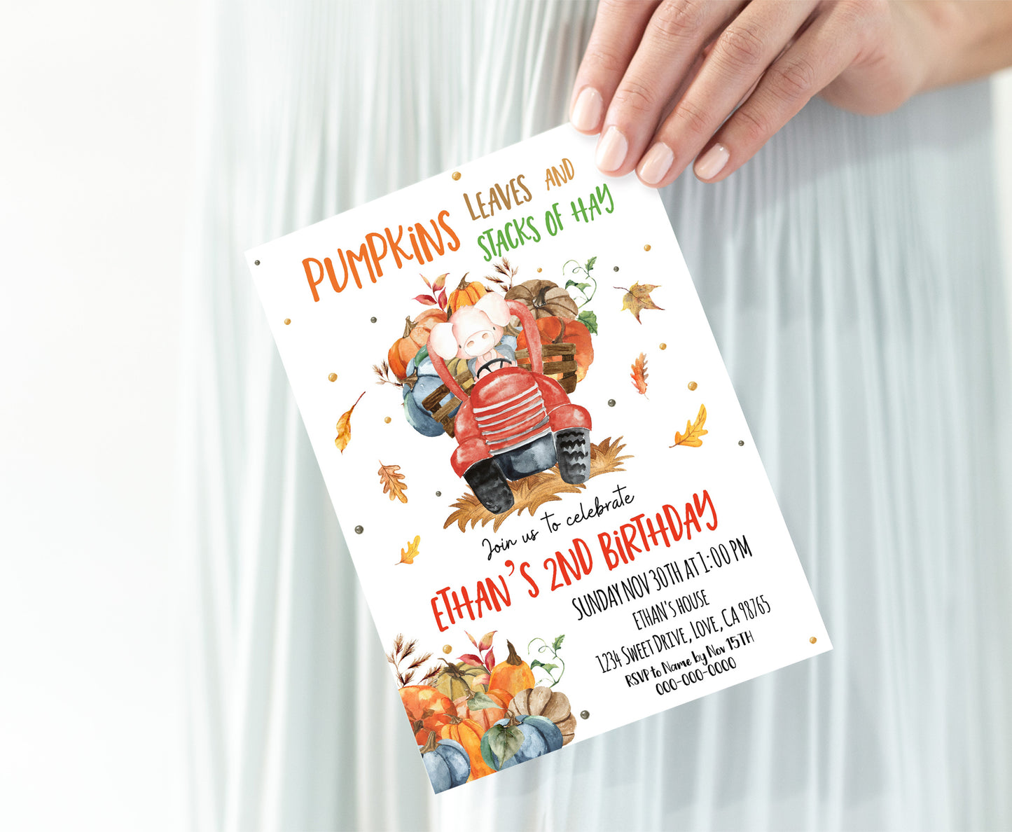 Pumpkins leaves and stacks of hay Invitation | Editable Pumpkin Truck Invite - 30L