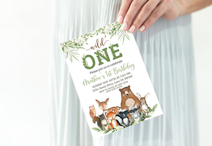 Wild One Birthday Invitation | Editable Woodland First Birthday Party Invite - 47J0