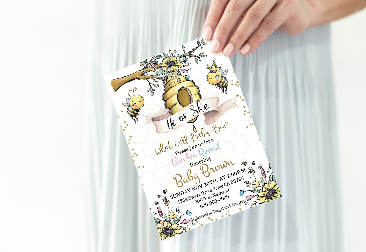 Bee He or She Editable Invitation | Honeycomb Gender Reveal 61A