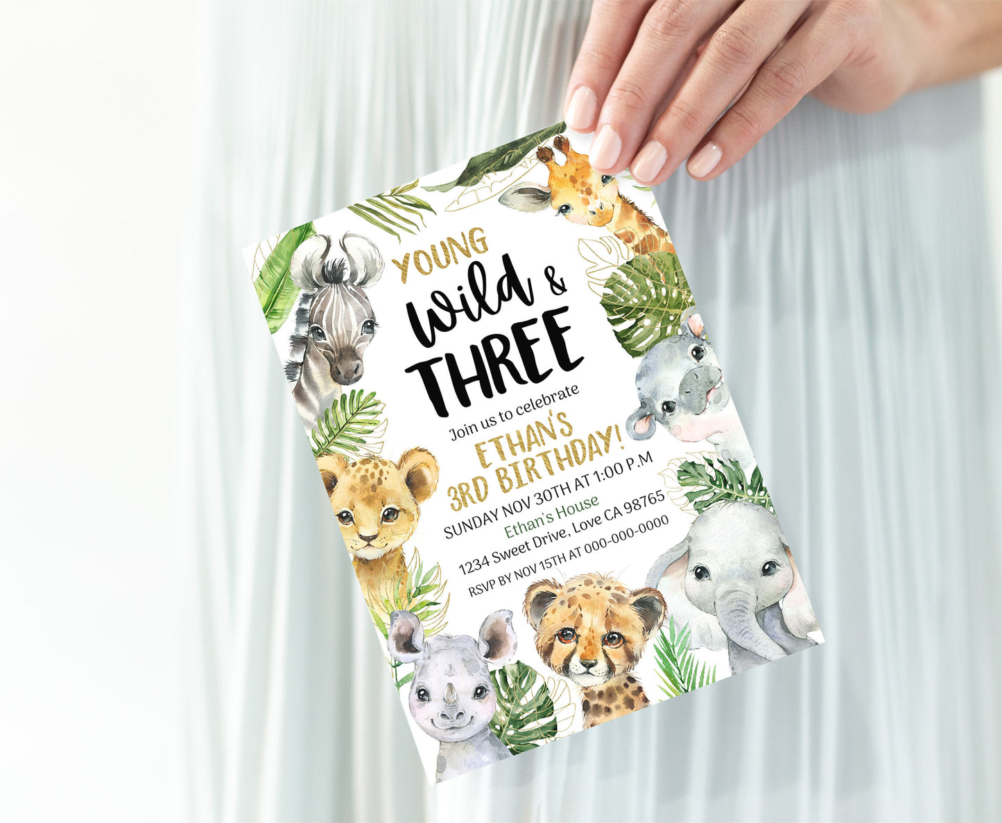 Wild and Three Safari Invitation | Editable Jungle 3rd Birthday Invite - 35A