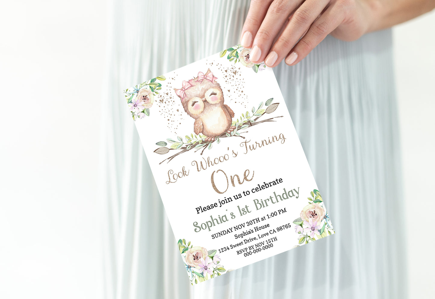 Look Whooo's Turning One Invitation | Owl Girl Birthday Party Invite- 78A