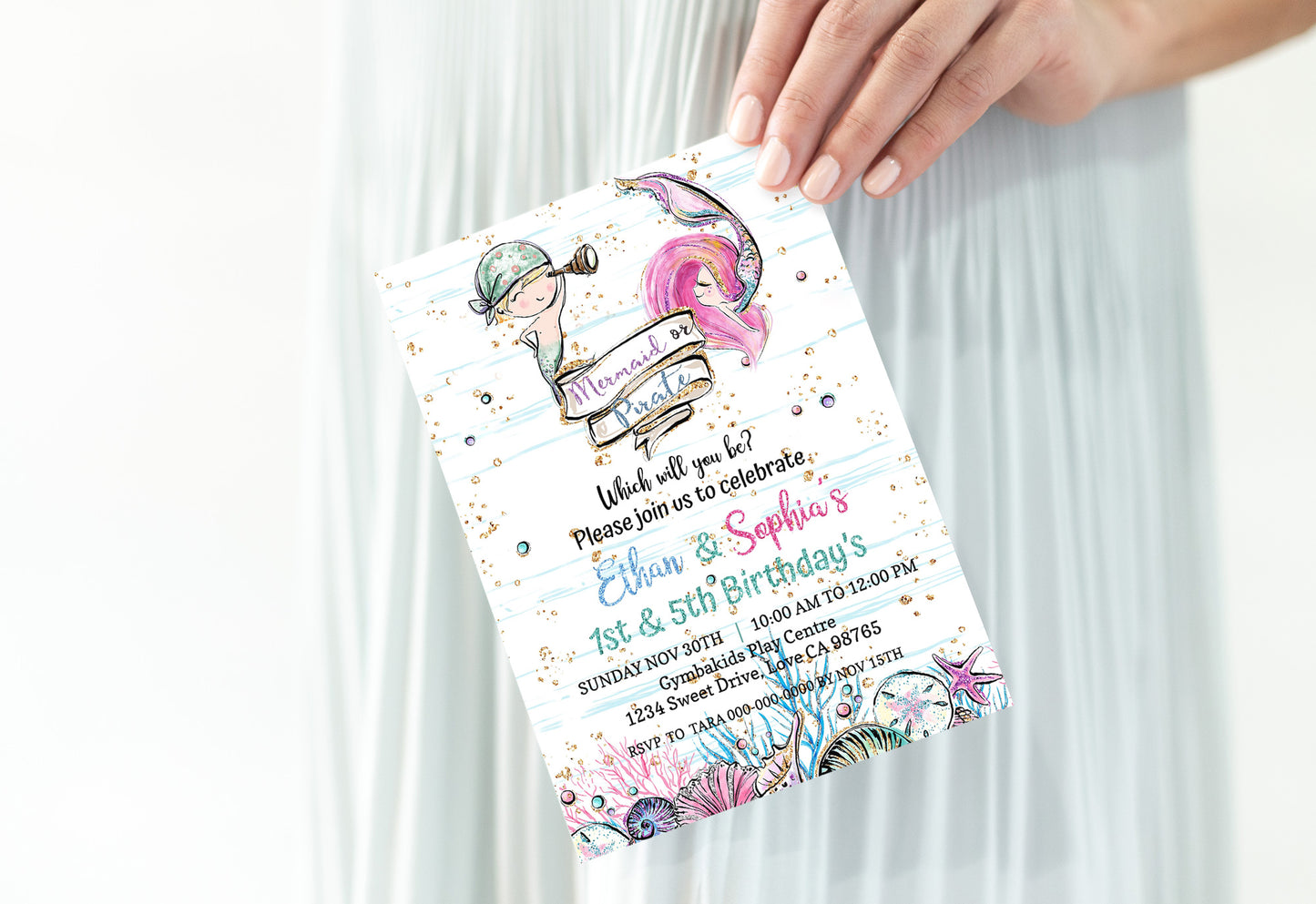 Pirate and Mermaid Birthday Invitation | EDITABLE Brother and Sister Party Invite - 20A1