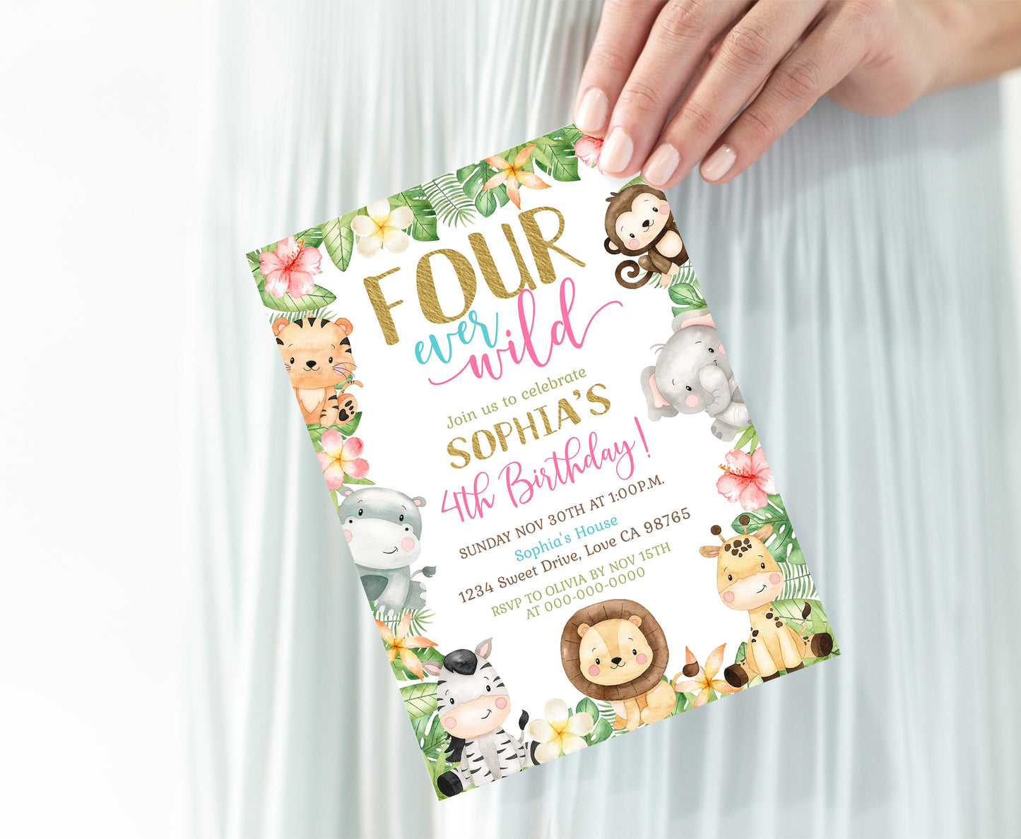 Four ever wild Birthday Invitation | Editable Girl Safari Party Invite - 35E