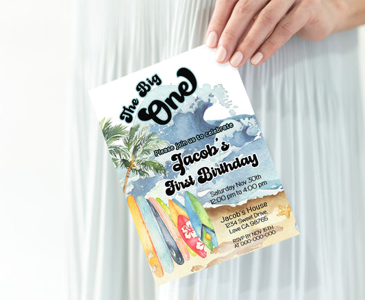 Editable The Big One Birthday Invitation | Surfing 1st birthday Party Invite - 120