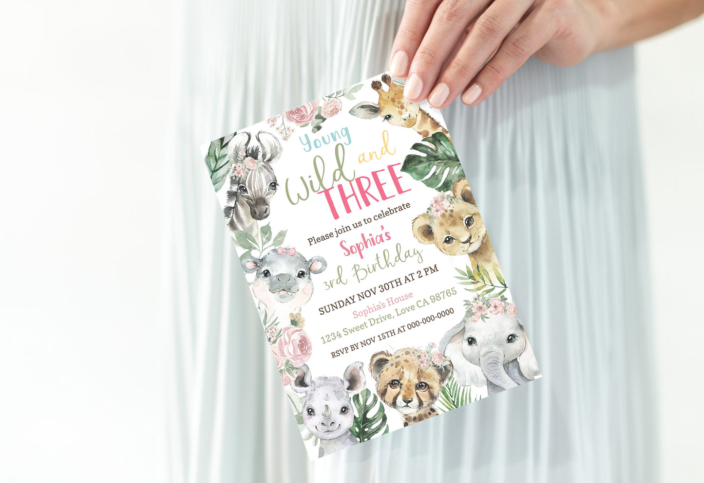 Young Wild and Three Invitation Girl | Floral Safari 3rd Birthday Party Invite - 35A