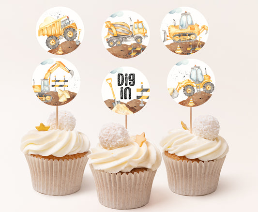 Construction Cupcake Toppers | Construction Themed Party Cupcake Picks - 07A