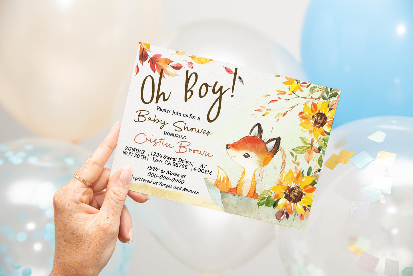 Editable Oh Boy Pumpkin Invitation | Fall Fox Baby Shower - 30F2