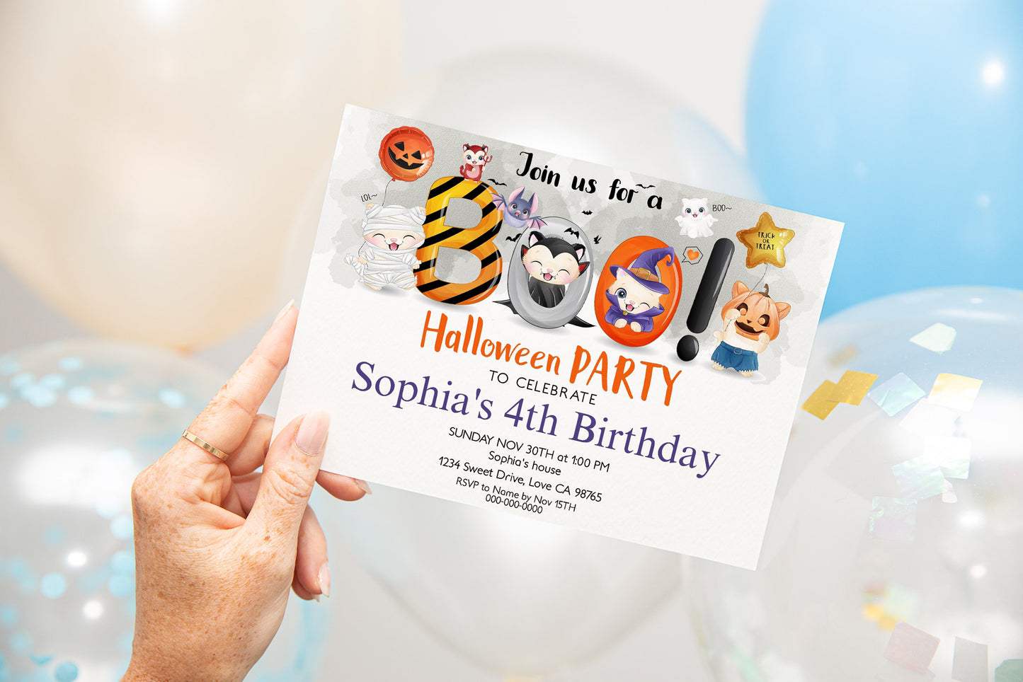 Editable Cat Boo Birthday Invitation | Halloween Theme Party - 115F