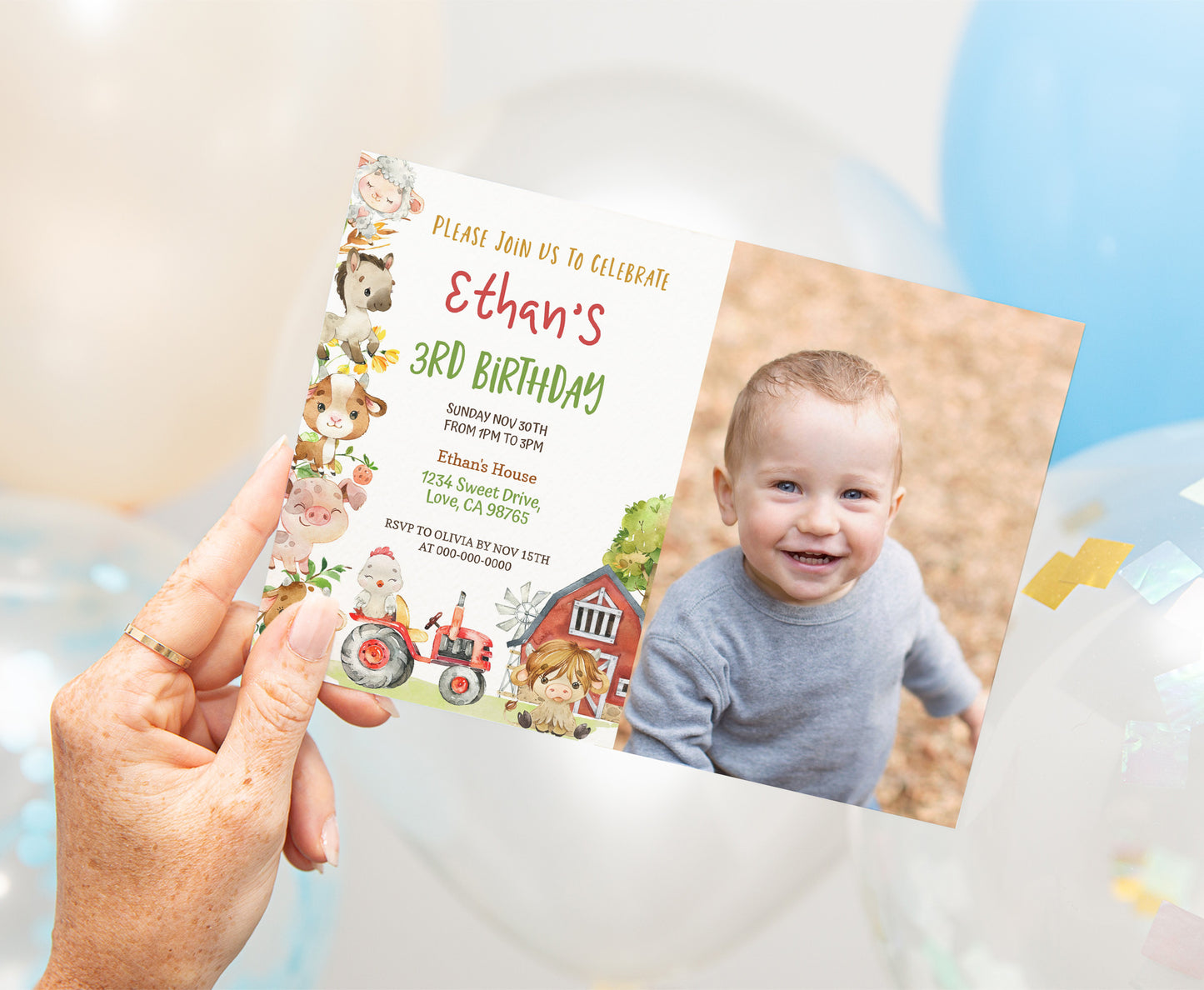 Editable Farm Animals Photo Invitation | Red Barnyard Birthday Invite - 11D