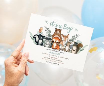 Eucalyptus Woodland Baby Shower Invitation | Editable Greenery Woodland Baby Shower Invite - 47J1