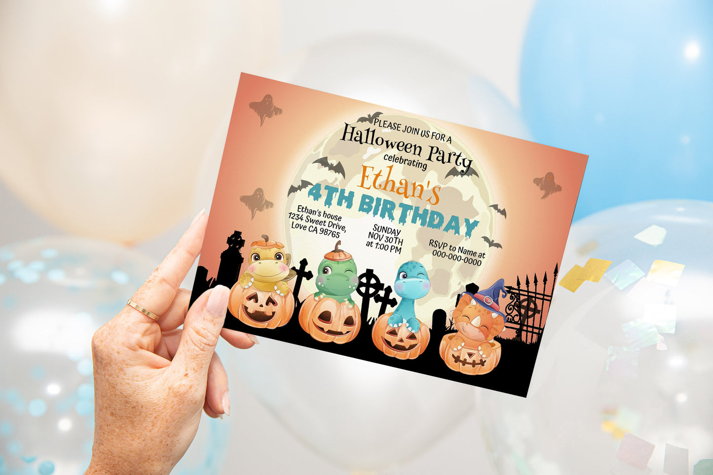 Editable Pumpkin Dinosaurs Invitation | Halloween Theme Party- 115F