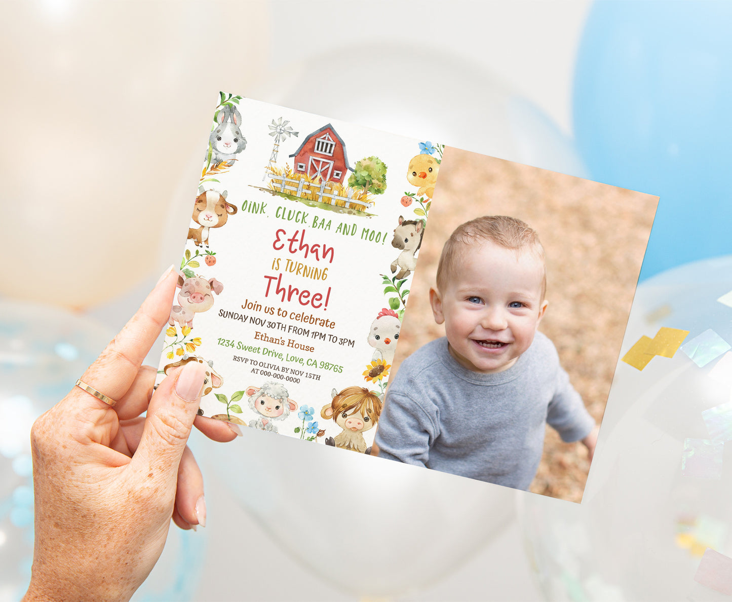 Editable Farm Photo Invitation | Red Barnyard Birthday Invite - 11D