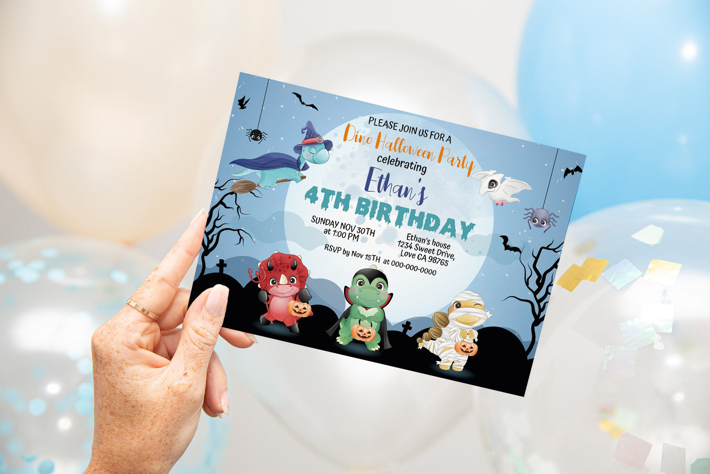 Editable Halloween Dinosaurs Birthday Invitation | Dinosaurs Party Theme -115F