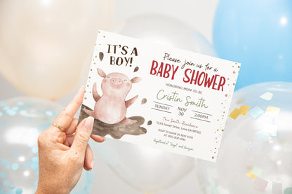 Pig Baby Shower Invitation | Editable Farm Baby Shower Invite - 11B