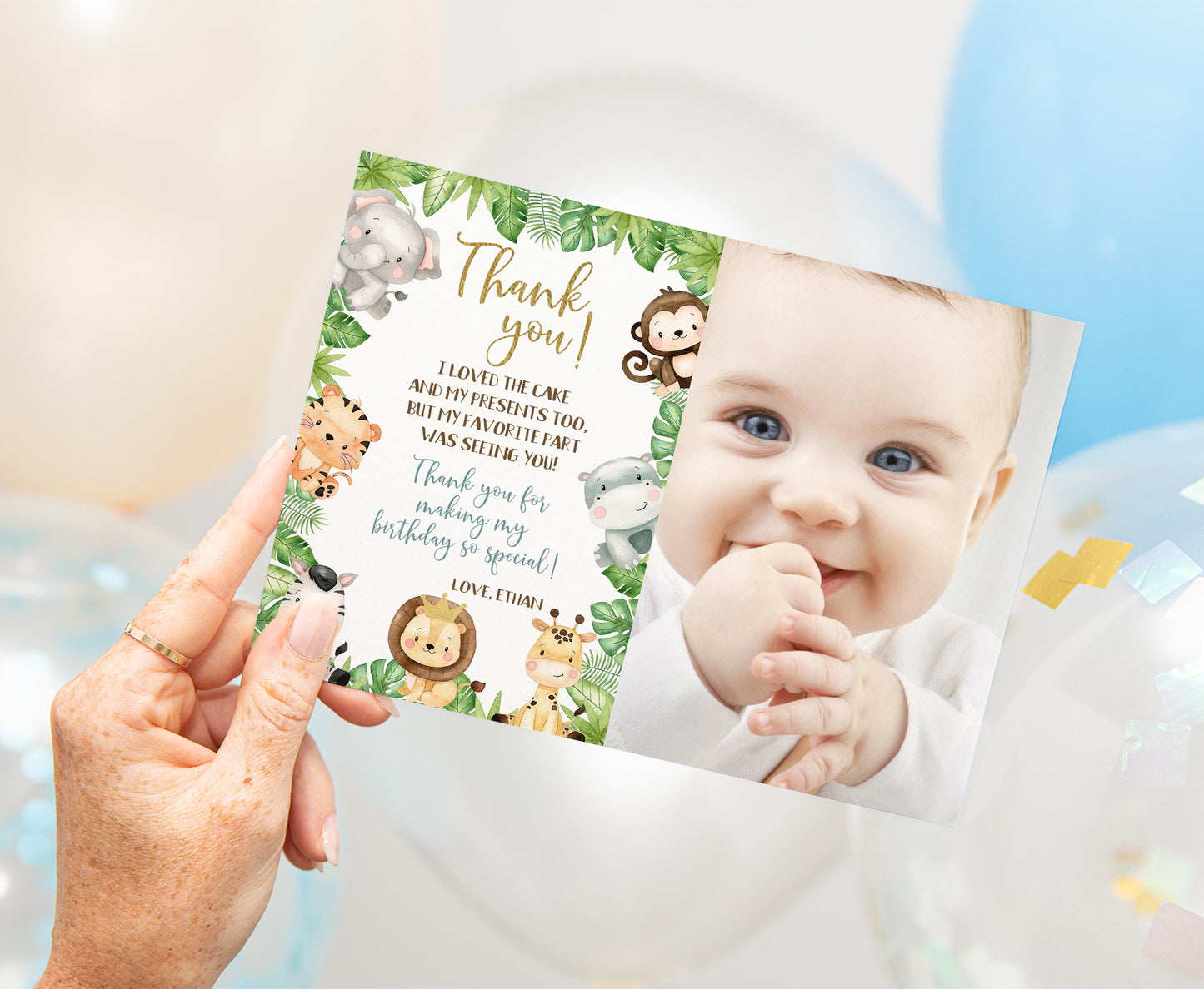 Safari Photo Thank You Card | Editable Jungle Birthday Thank You Note - 35E