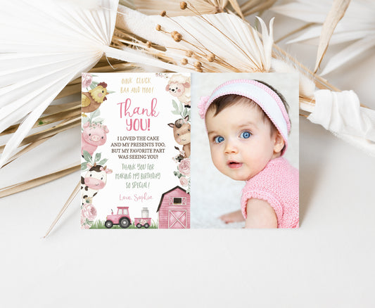 Girl Farm Photo Thank You Card | Pink Barnyard Birthday Thank You Notes - 11A