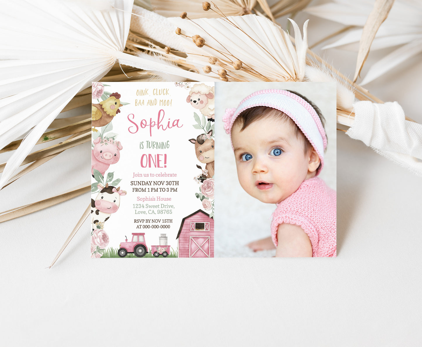 Editable Girl Farm Photo Invitation | Pink Barnyard Birthday Invite - 11A