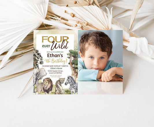 Four ever wild Safari Photo Invitation | Jungle Birthday Invite - 35I