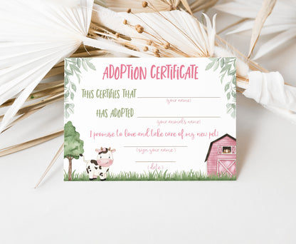 Cow Adoption certificate | Farm Birthday party- 11A