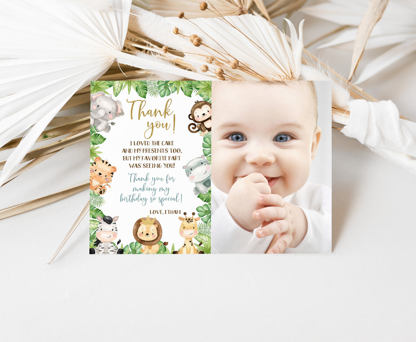 Safari Photo Thank You Card | Editable Jungle Birthday Thank You Note - 35E