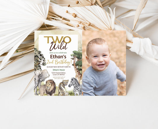 Two wild safari photo Birthday Invitation | Safari 2nd birthday Party Invite - 35I