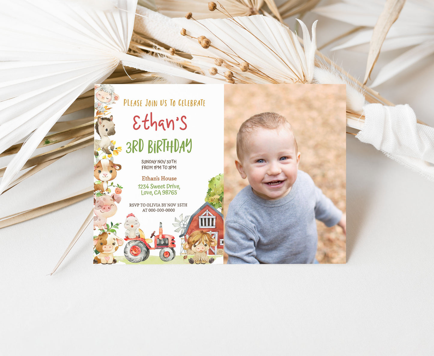 Editable Farm Animals Photo Invitation | Red Barnyard Birthday Invite - 11D