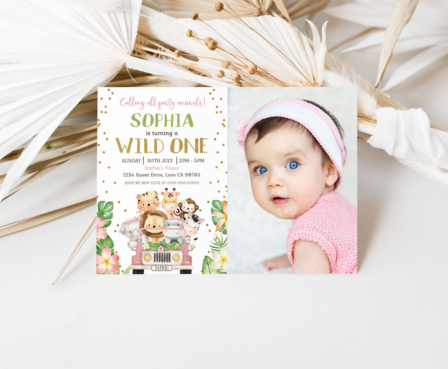 Girl Safari Photo Invitation | Jungle animals Birthday Invite - 35E