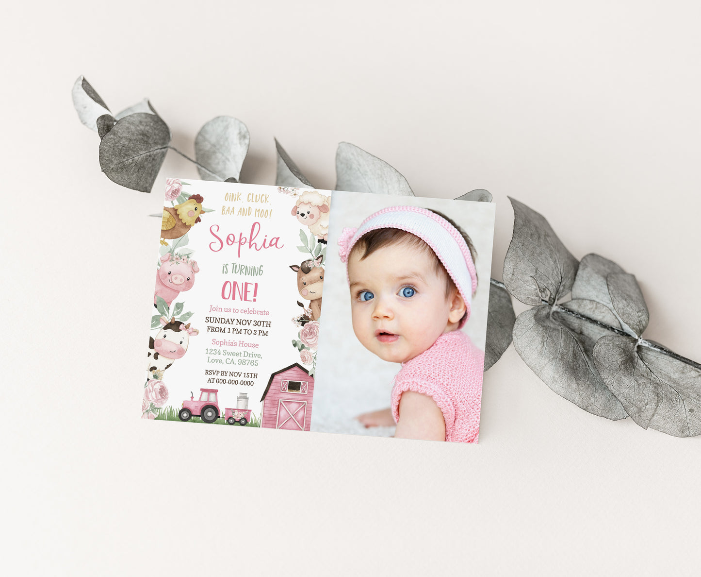 Editable Girl Farm Photo Invitation | Pink Barnyard Birthday Invite - 11A