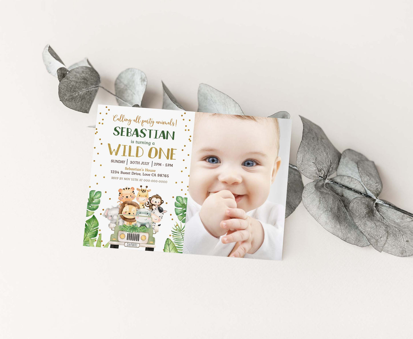 Editable Safari Photo Invitation | Jungle animals Birthday Invite - 35E