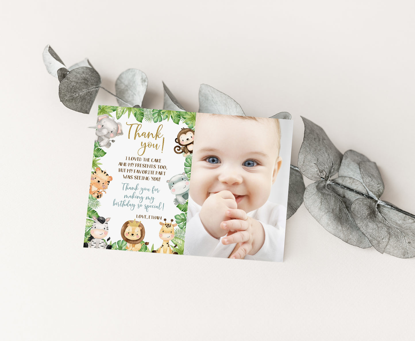 Safari Photo Thank You Card | Editable Jungle Birthday Thank You Note - 35E