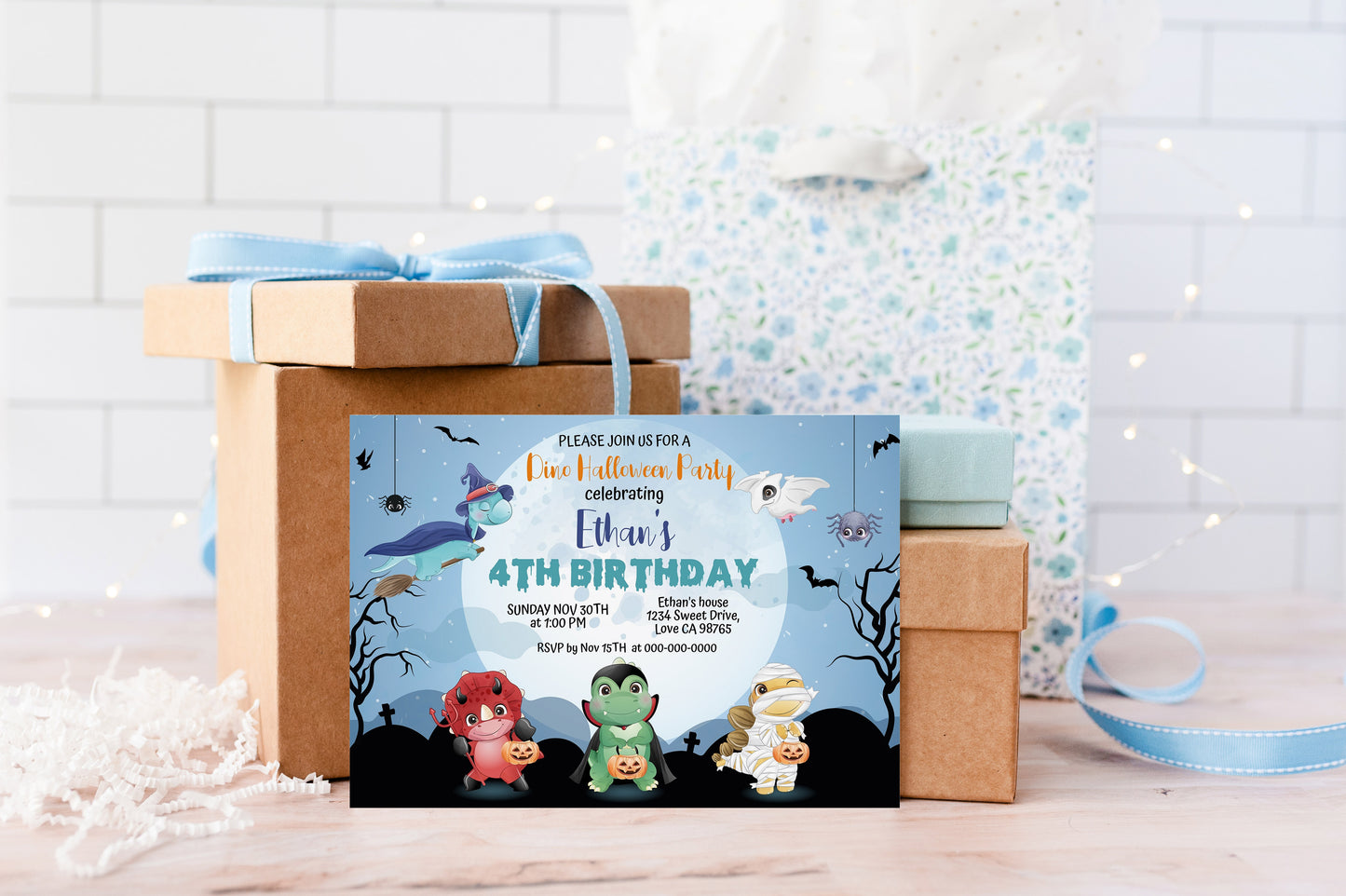 Editable Halloween Dinosaurs Birthday Invitation | Dinosaurs Party Theme -115F