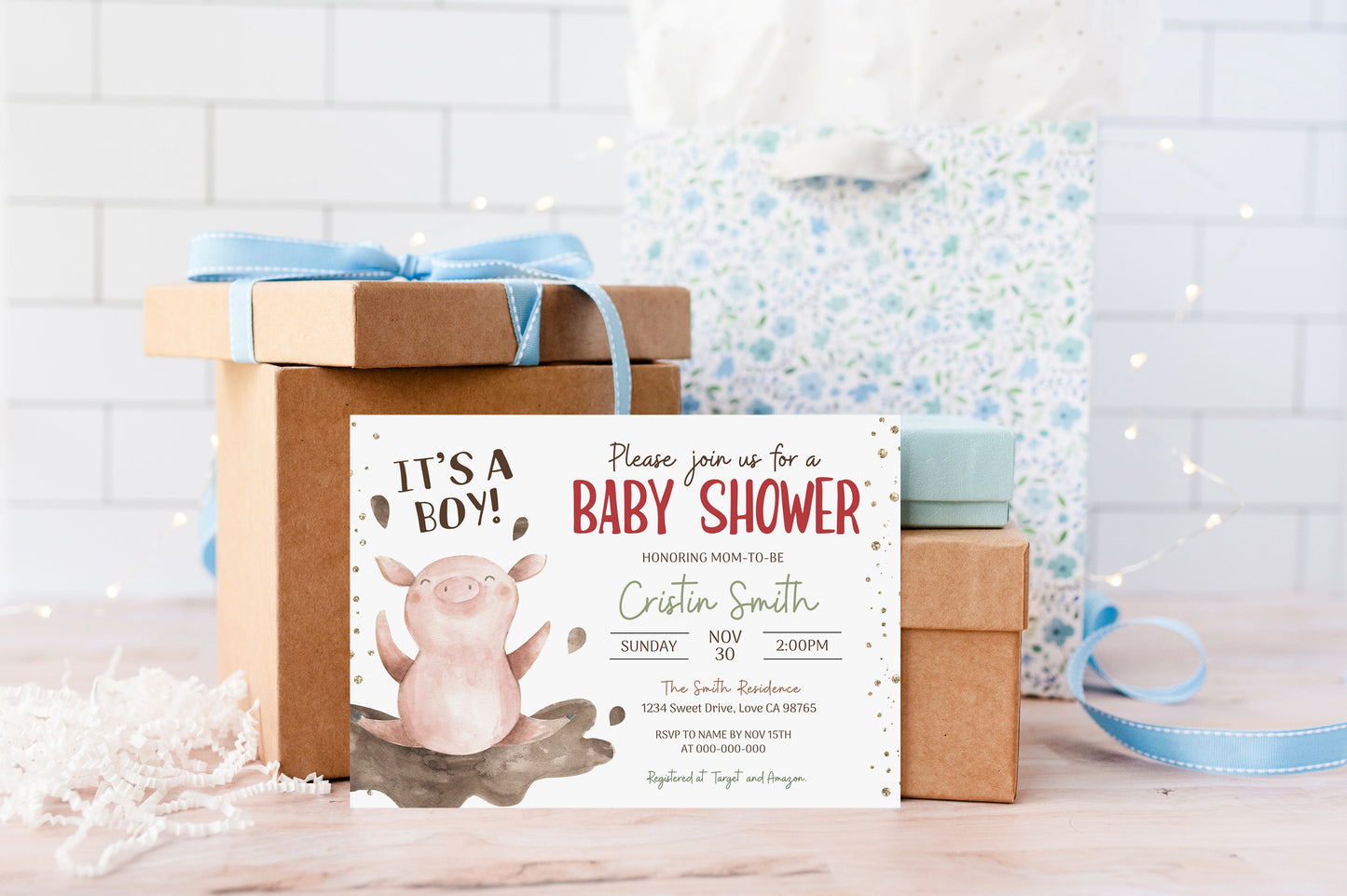 Pig Baby Shower Invitation | Editable Farm Baby Shower Invite - 11B