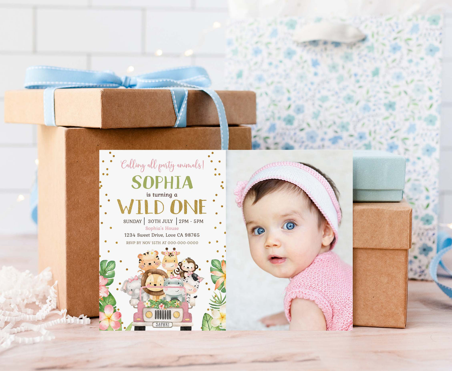 Girl Safari Photo Invitation | Jungle animals Birthday Invite - 35E