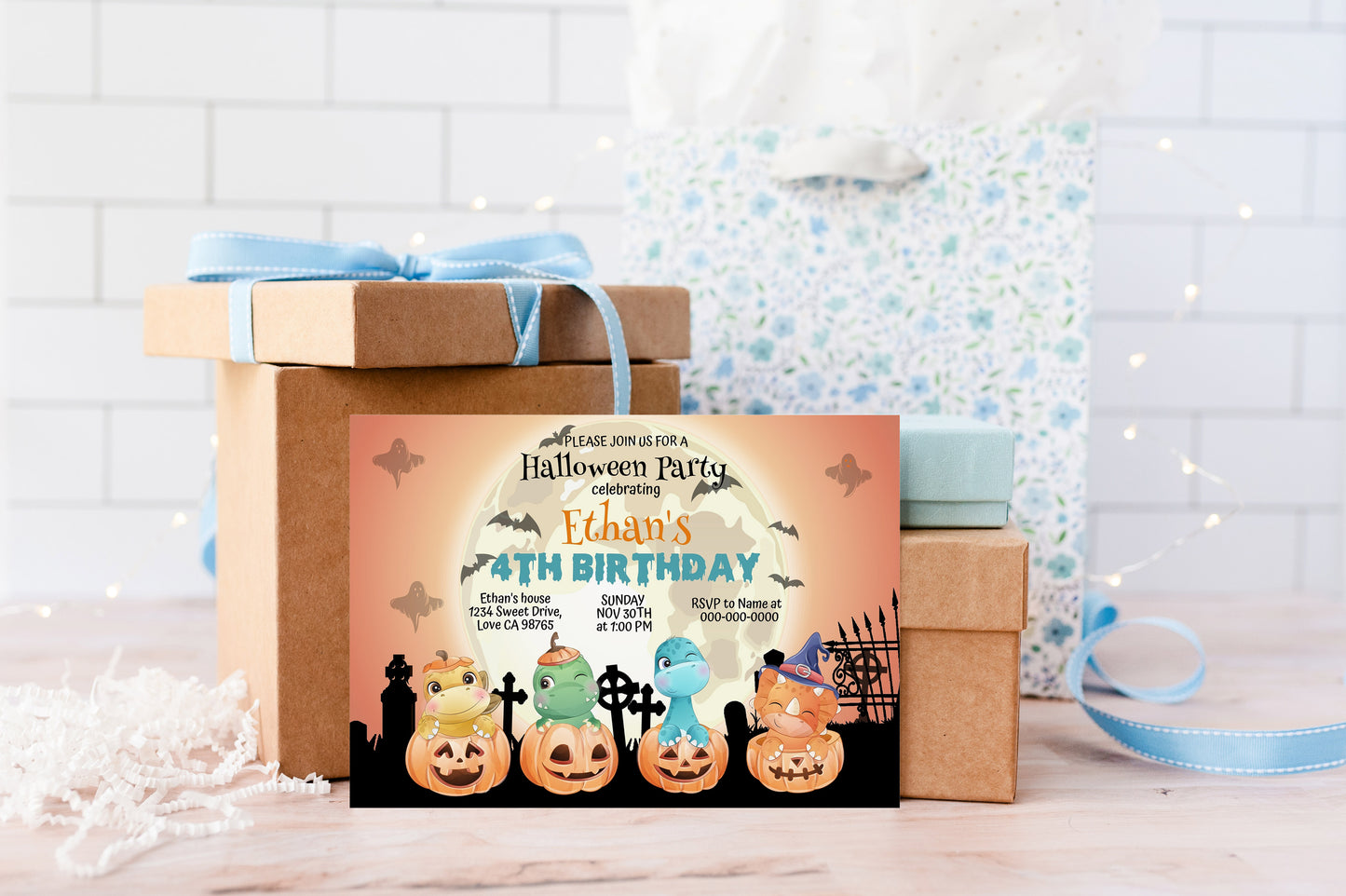 Editable Pumpkin Dinosaurs Invitation | Halloween Theme Party- 115F