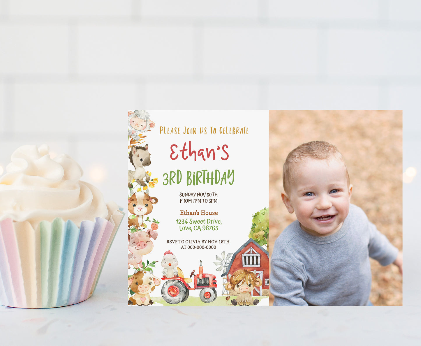 Editable Farm Animals Photo Invitation | Red Barnyard Birthday Invite - 11D