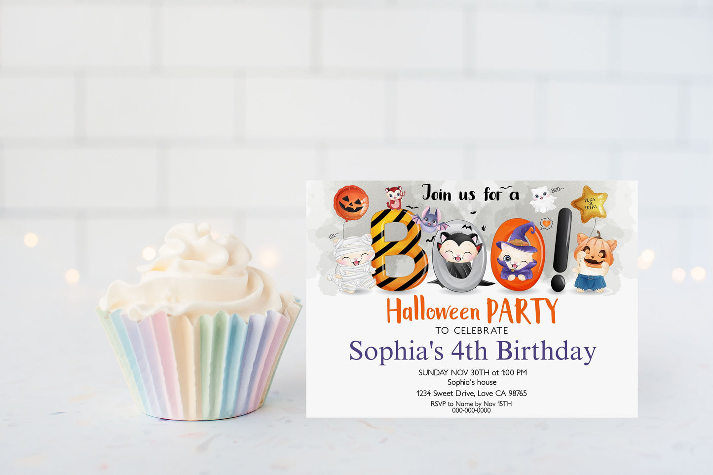 Editable Cat Boo Birthday Invitation | Halloween Theme Party - 115F